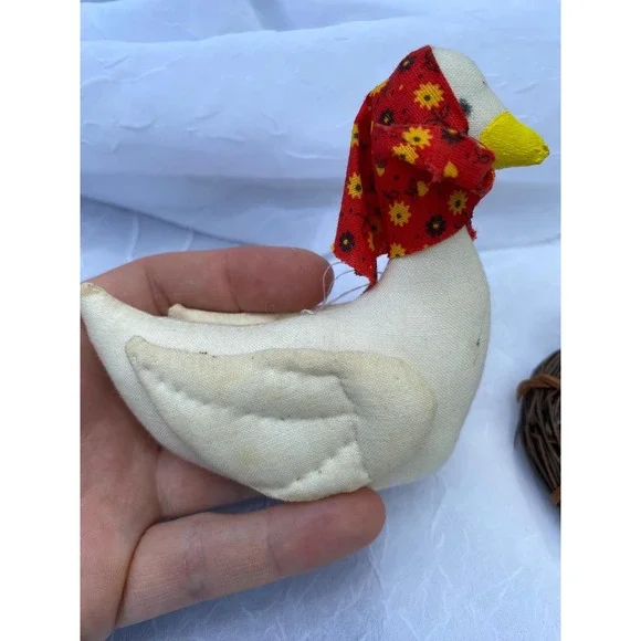 Vintage Country Goose Ornament Set Fabric Goose with Scarf & Grapevine Wreath - Picture 4 of 6